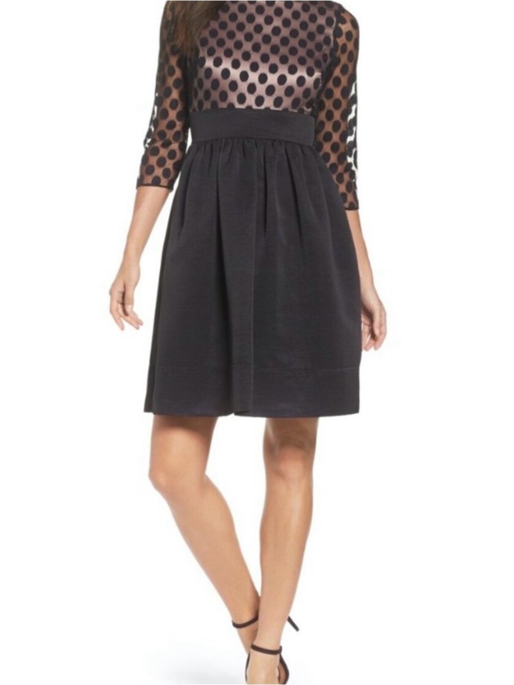 Eliza J Black Polka Dot Mesh Bodice Midi Dress